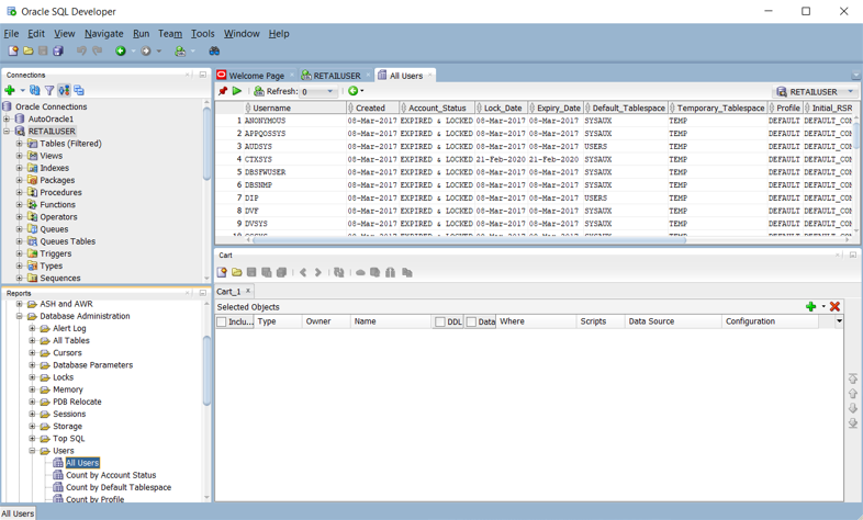 Captura de pantalla que muestra el panel Informes para los roles de usuario en Oracle SQL Developer.