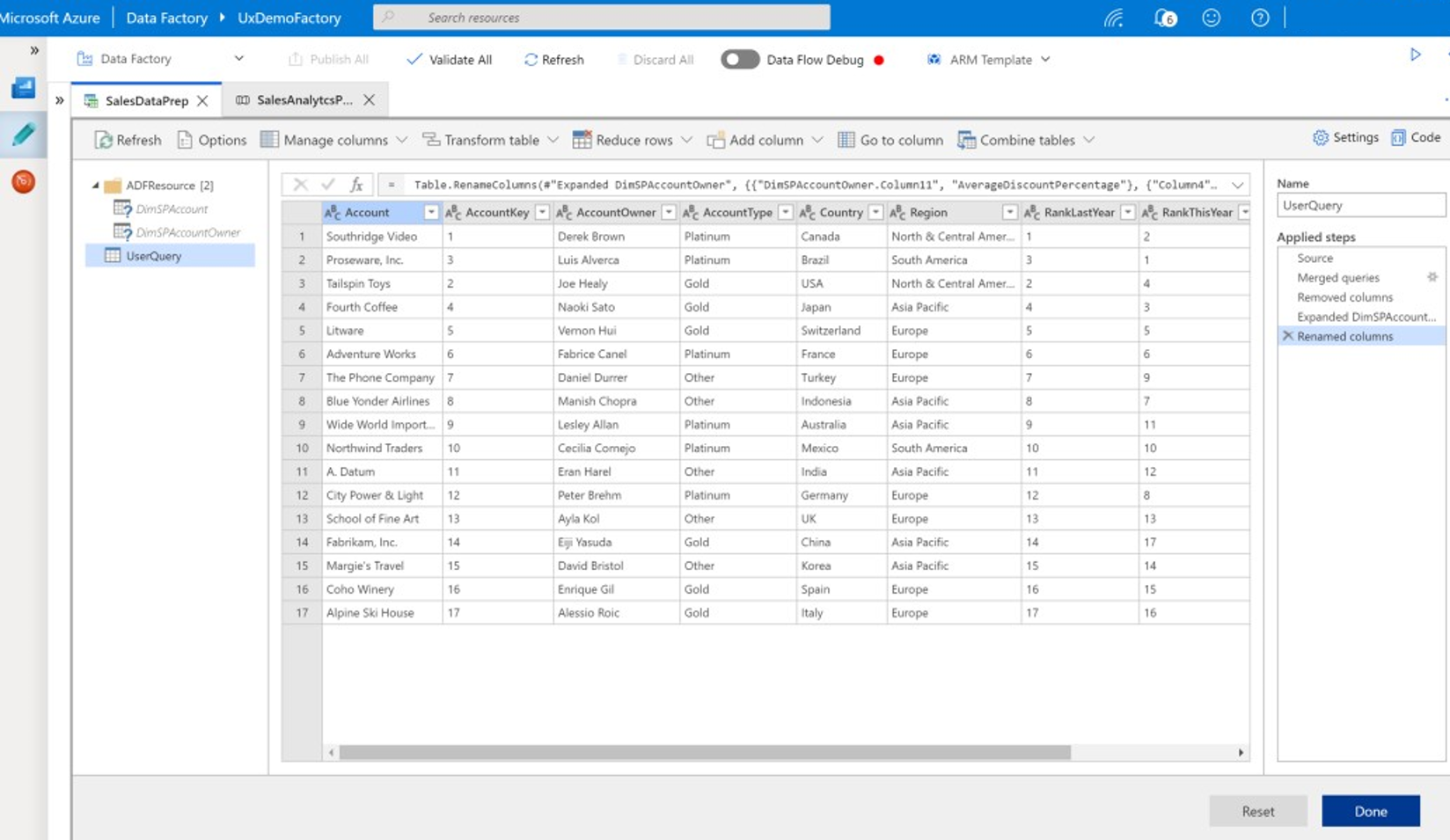 Captura de pantalla de un ejemplo de limpieza y transformación de datos de Data Factory.