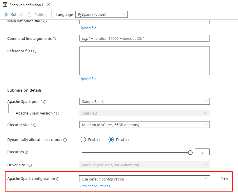 Captura de pantalla de la creación de la configuración en las definiciones de trabajos de Spark.