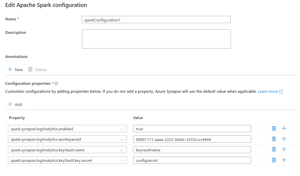 Captura de pantalla con un ejemplo para actualizar las propiedades de configuración.