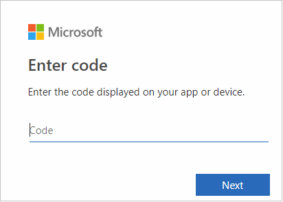 Cuadro de diálogo del código de entradas de Microsoft para HDI