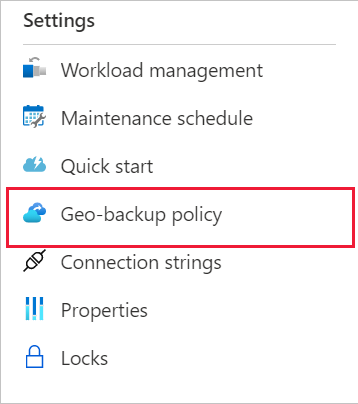 Captura de pantalla de Azure Portal, del menú de navegación, en la que se muestra dónde encontrar la página de la directiva de copia de seguridad geográfica.