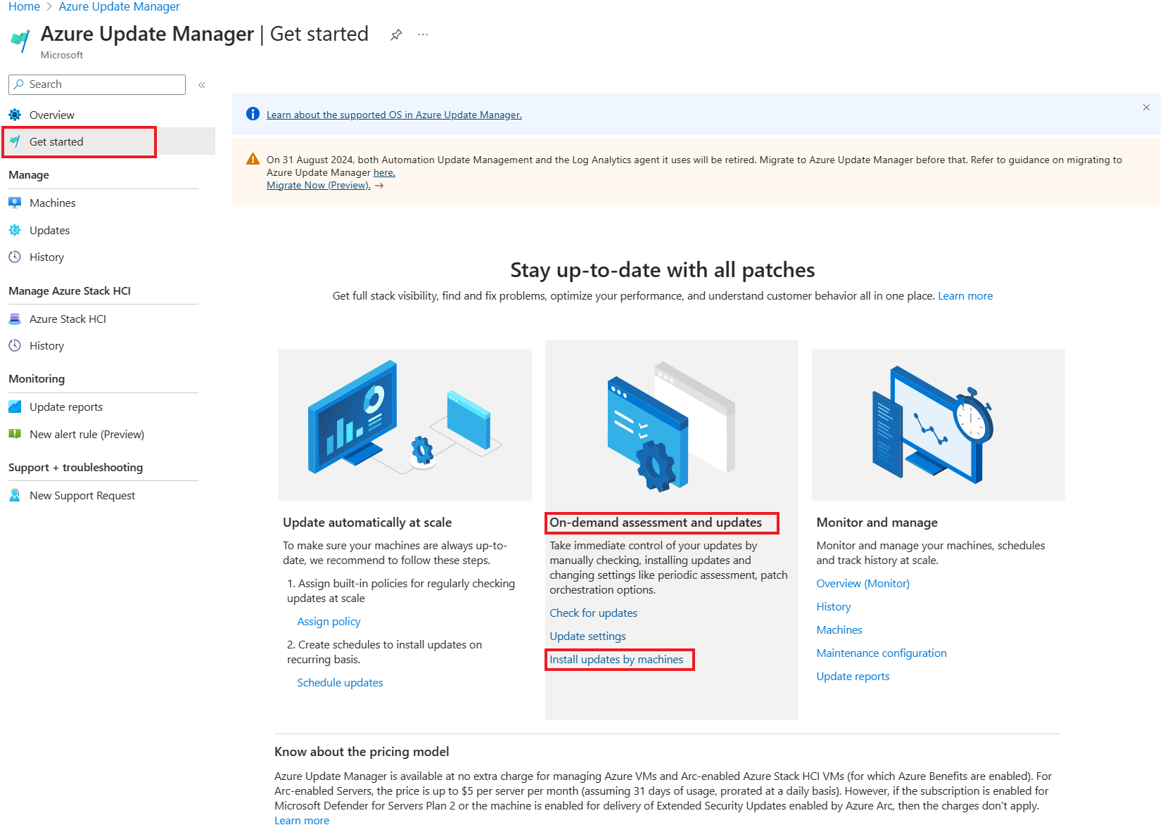 Recorte de pantalla que muestra cómo acceder a la opción Instalar configuración de actualización para instalar las actualizaciones de las máquinas virtuales.