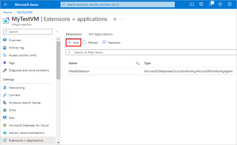 Captura de pantalla que muestra cómo añadir una extensión para una máquina virtual en Azure Portal.