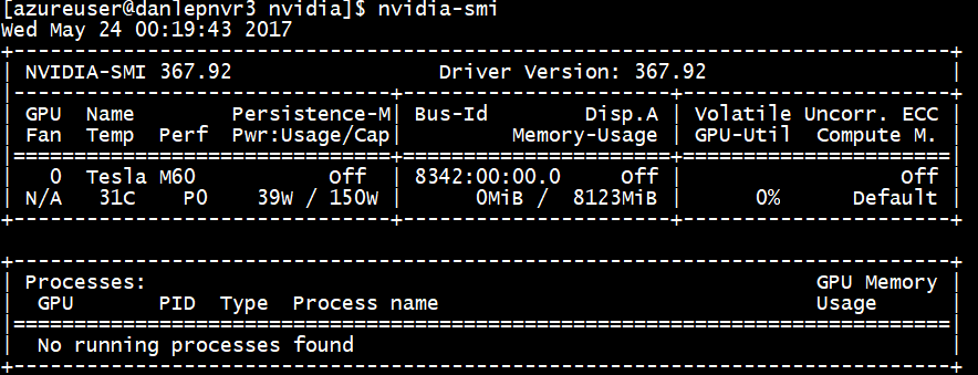 Recorte de pantalla que muestra la salida cuando se consulta el estado del dispositivo GPU.