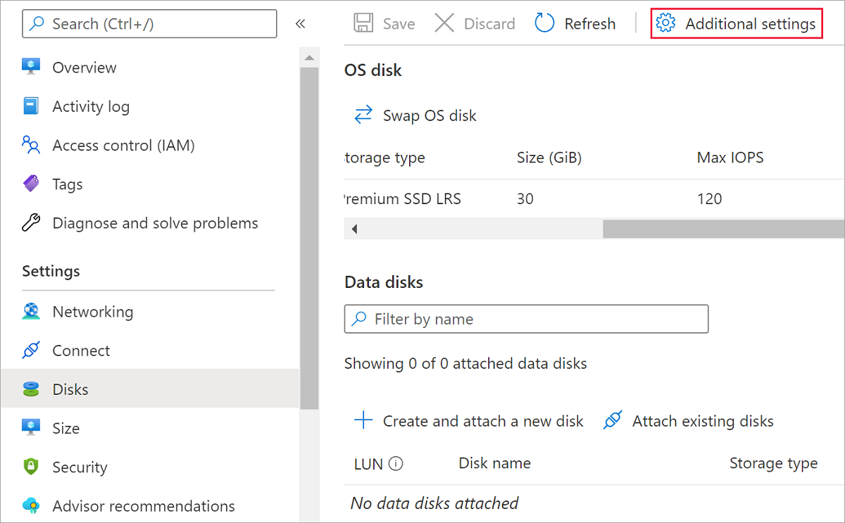 Captura de pantalla del panel Discos en una máquina virtual en la que está resaltada la opción Configuración adicional.