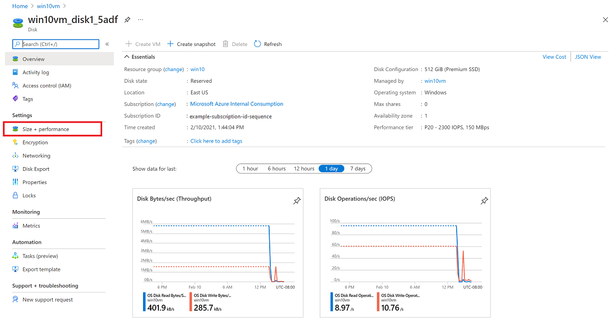 Captura de pantalla que muestra la opción Size and performance (Tamaño y rendimiento) seleccionada en la sección Configuración del menú.