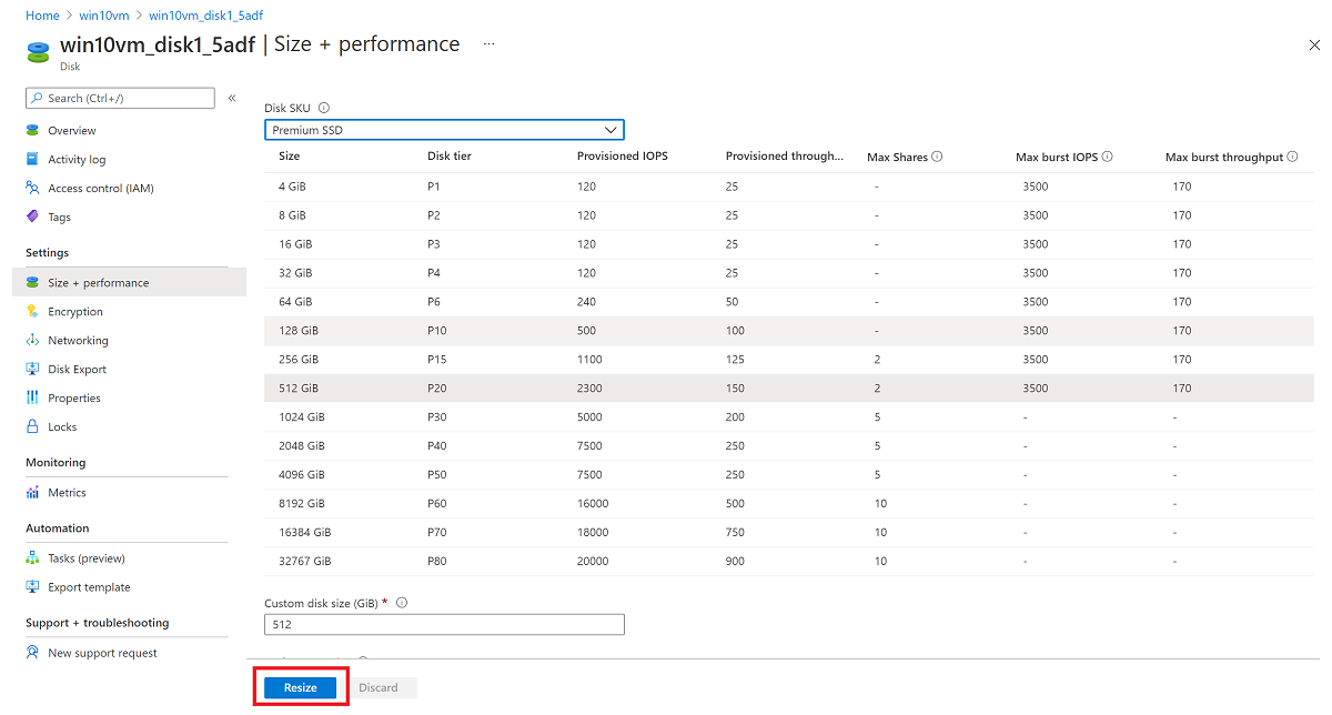 Captura de pantalla que muestra el panel Size and performance (Tamaño y rendimiento) con el botón Cambiar tamaño seleccionado.