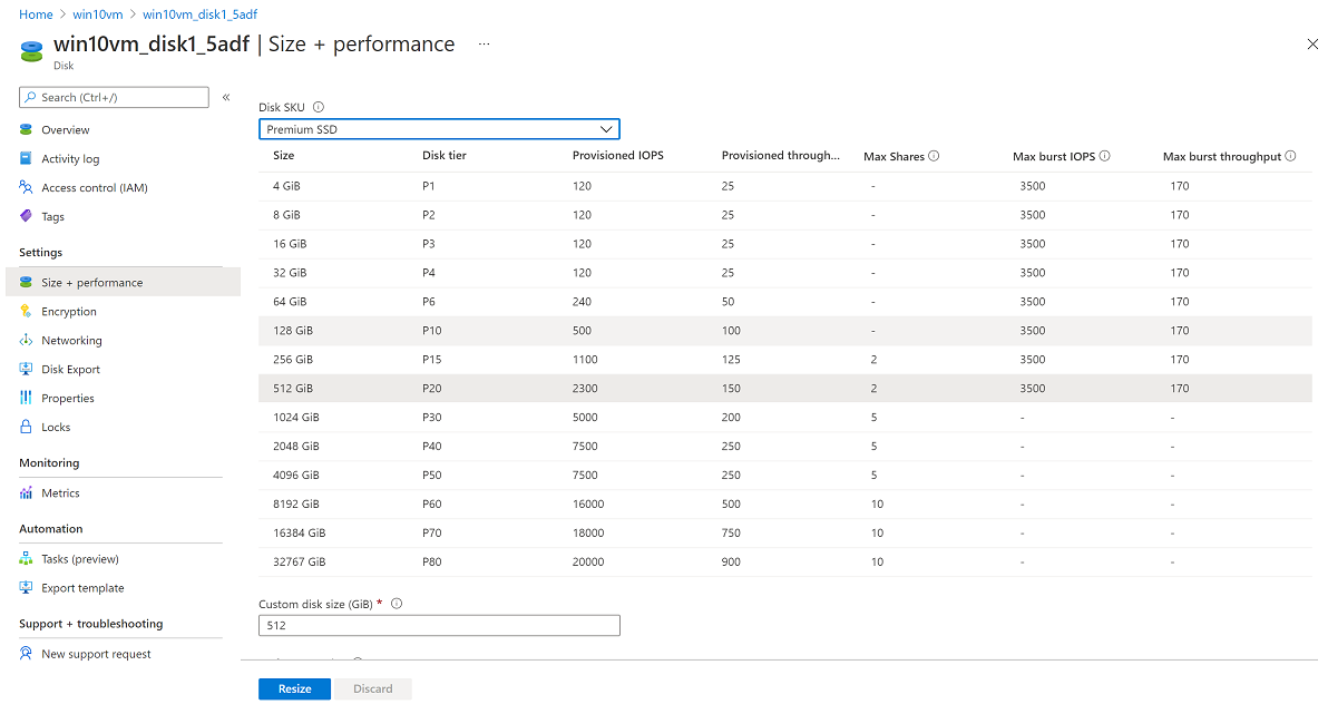 Captura de pantalla que muestra el panel Size and performance (Tamaño y rendimiento) con el tamaño de disco seleccionado.