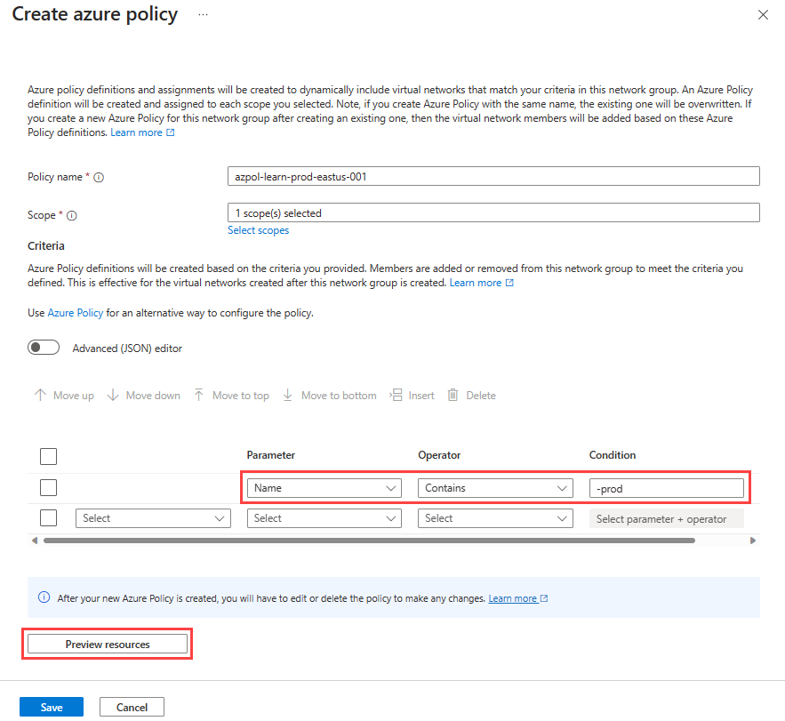 Captura de pantalla del panel para la creación de una directiva de Azure, incluidos los criterios para las definiciones.