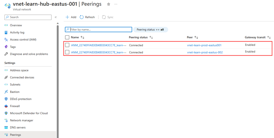 Captura de pantalla de los emparejamientos de redes virtuales creados por Virtual Network Manager.