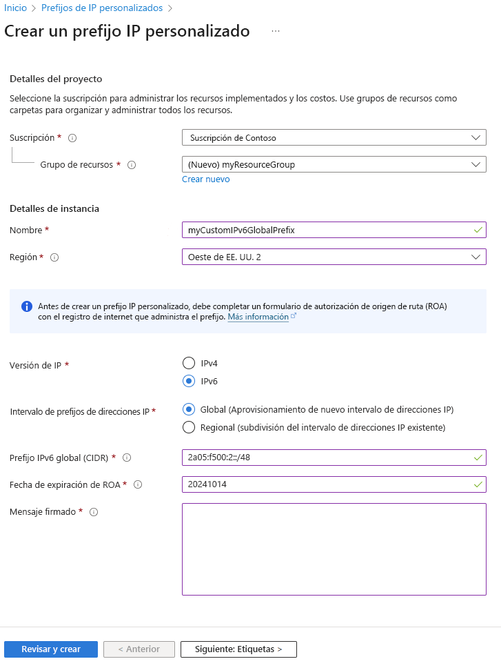 Captura de pantalla de la creación de una página de prefijo de IP personalizado en Azure Portal.