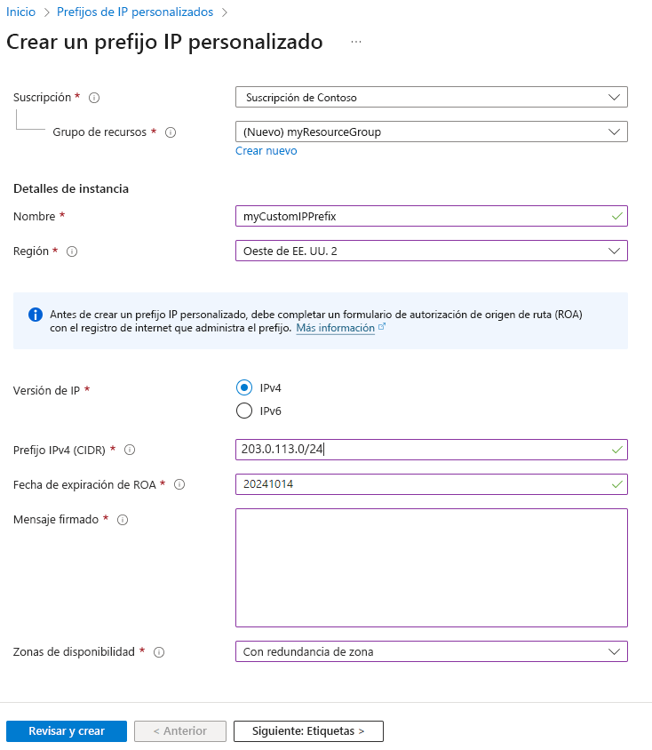 Captura de pantalla de la creación de una página de prefijo de IP personalizado en Azure Portal.