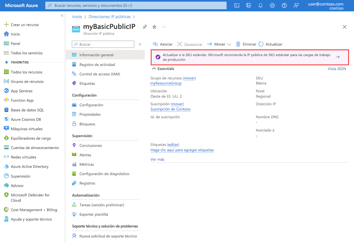 Screenshot showing the upgrade banner in Azure portal used to upgrade basic IP address.