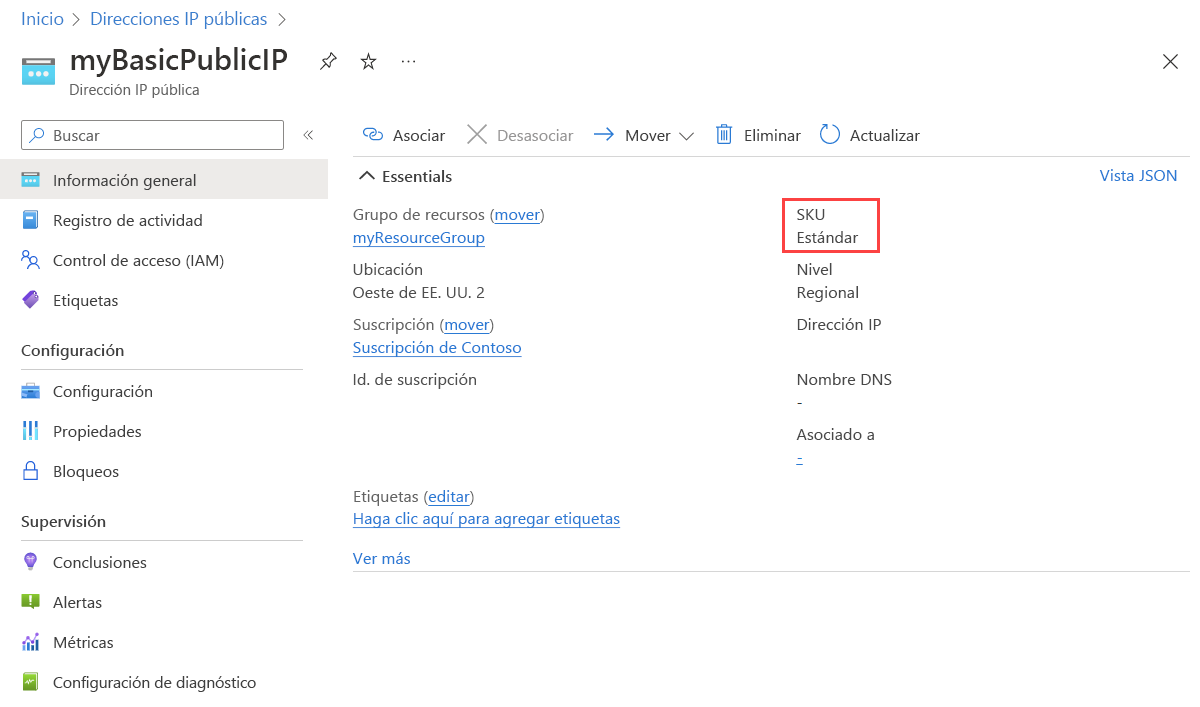 Screenshot showing public IP address is standard SKU.