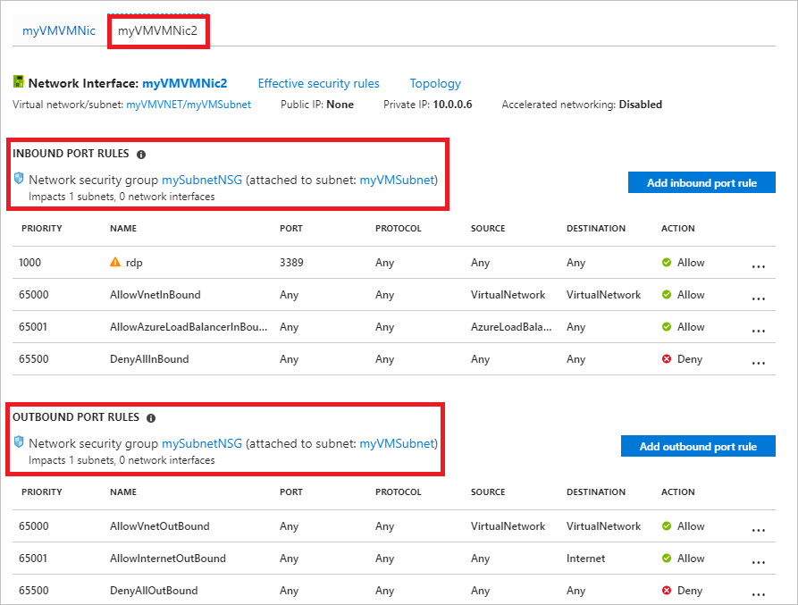 Captura de pantalla que muestra la configuración de Redes de Azure Portal para la interfaz myVMVMNic2.