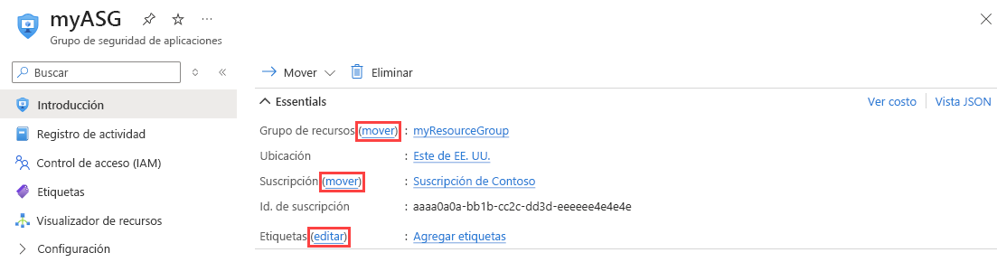 Recorte de pantalla que muestra cómo cambiar un grupo de seguridad de aplicaciones en Azure Portal.