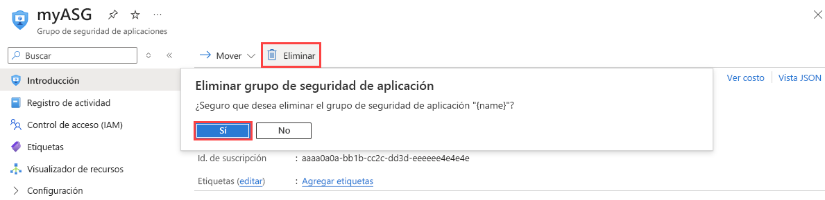 Recorte de pantalla que muestra la eliminación de un grupo de seguridad de aplicaciones en Azure Portal.