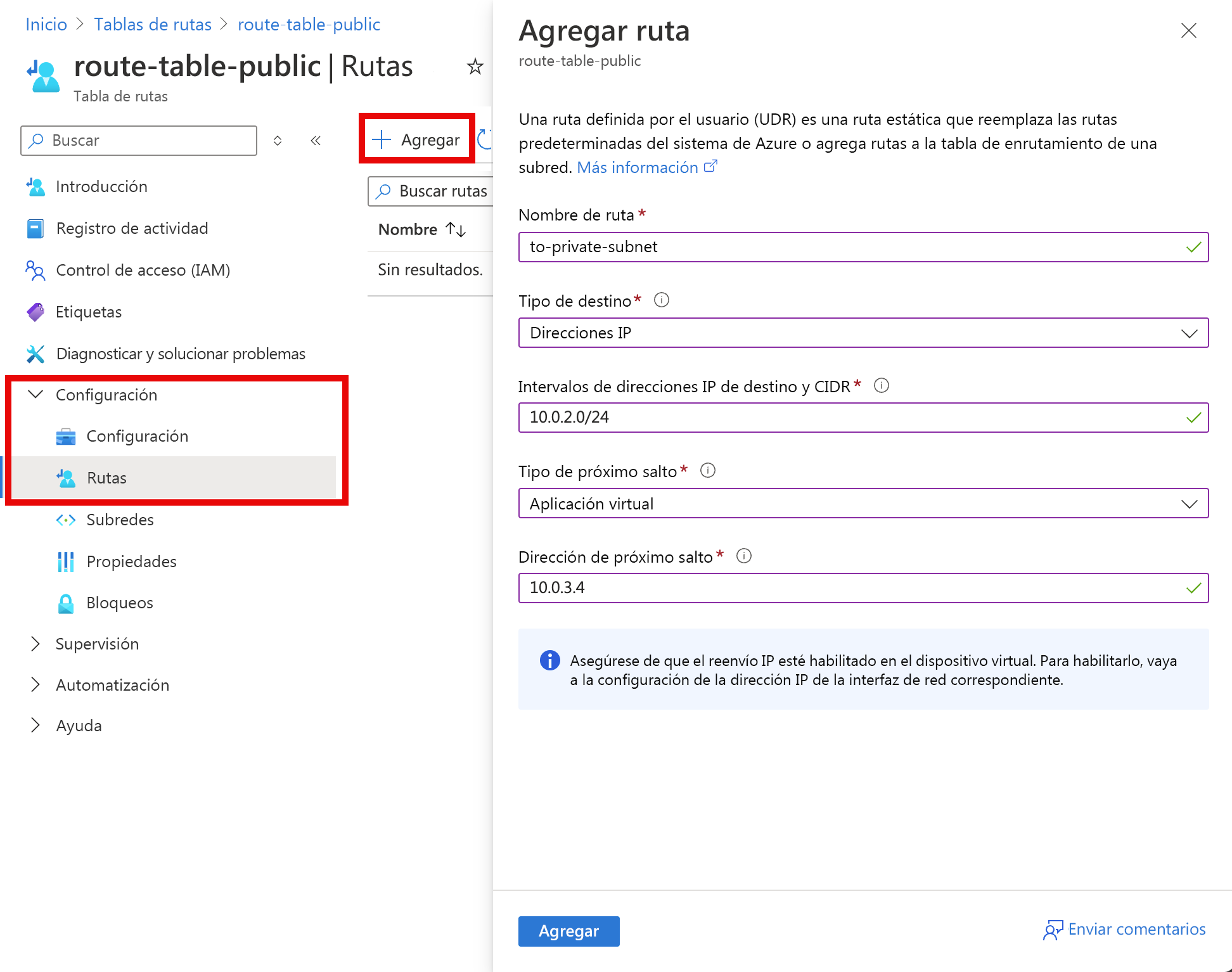 Captura de pantalla de la creación de rutas en la tabla de rutas.