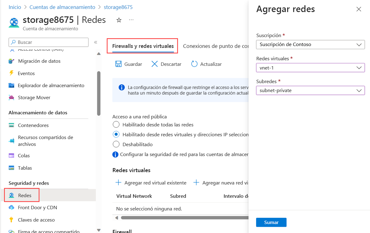 Captura de pantalla de restricción de la cuenta de almacenamiento para la subred y la red virtual creadas anteriormente.