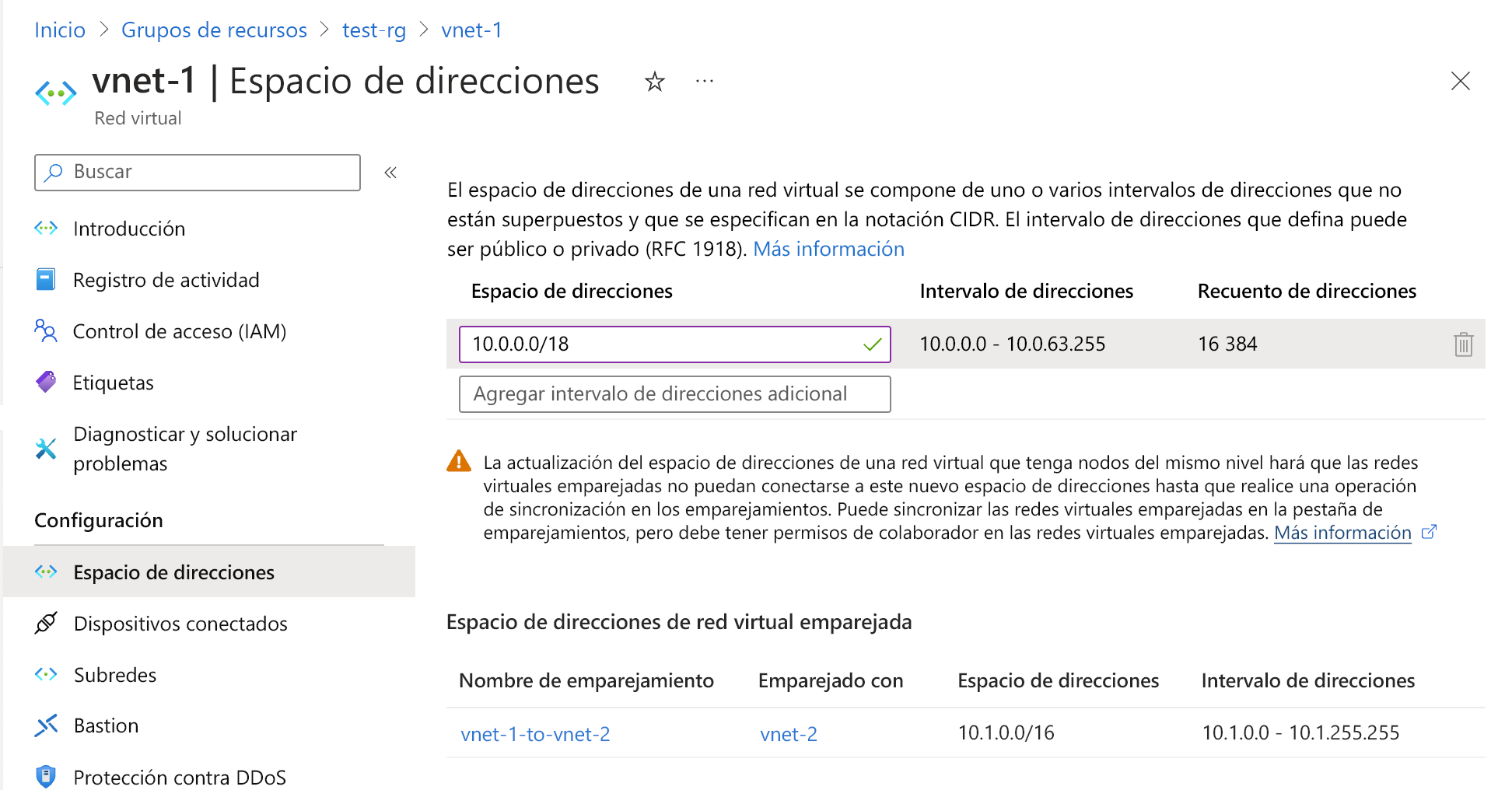 Captura de pantalla de la página Espacio de direcciones para cambiar el prefijo de una subred.