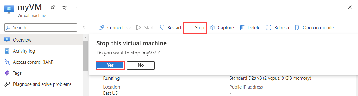 Captura de pantalla de la detención de una máquina virtual en Azure Portal.