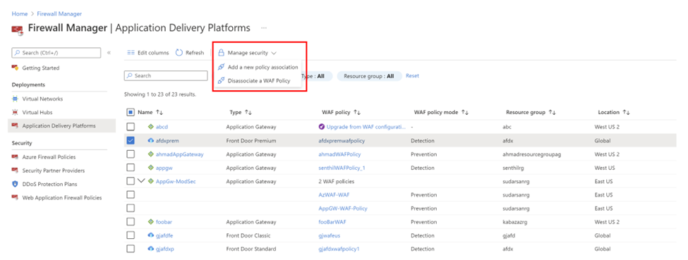 Captura de pantalla que muestra la administración de seguridad en Firewall Manager.