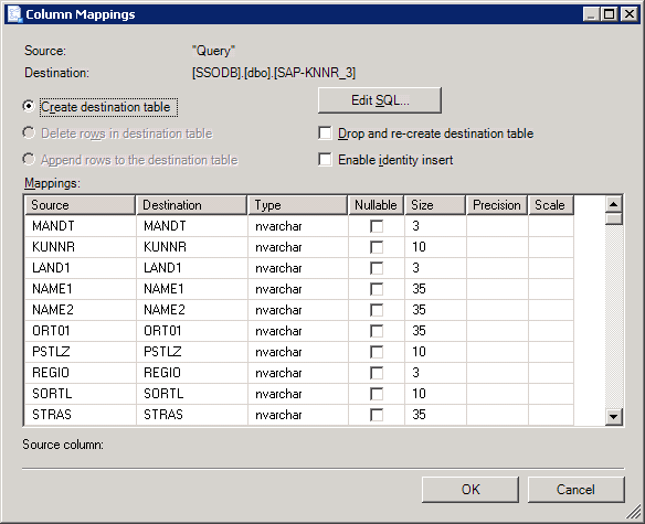 Asignaciones de columnas entre las tablas DE SAP y SQL