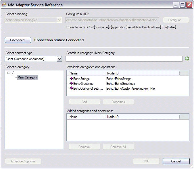 Captura de pantalla que muestra el cuadro de lista Categorías y operaciones disponibles.