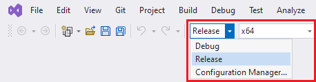 Captura de pantalla de la lista desplegable Configuración de la solución establecida en Versión y la lista desplegable Plataforma de soluciones establecida en x64.