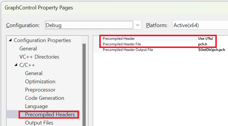 Captura de pantalla del cuadro de diálogo de propiedades del proyecto con la configuración Encabezados precompilados abierta.