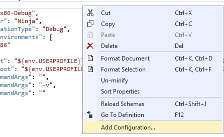 Captura de pantalla del menú contextual con la opción Agregar configuración seleccionada.