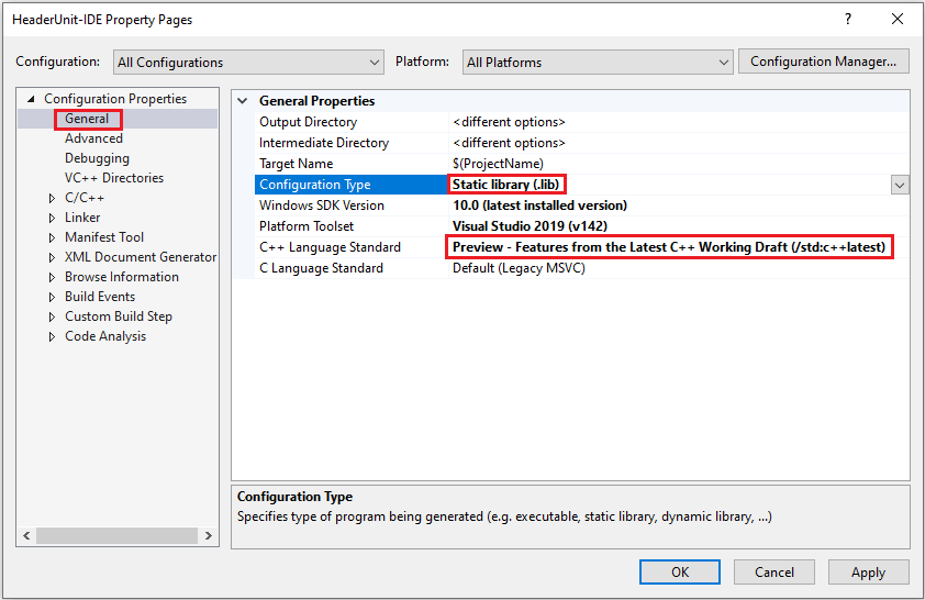 Captura de pantalla que muestra la configuración del tipo de configuración y el estándar de lenguaje C++.