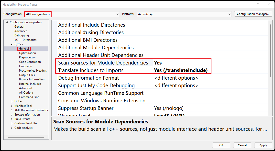 Captura de pantalla que muestra la configuración de propiedades de dependencias del módulo de examen.