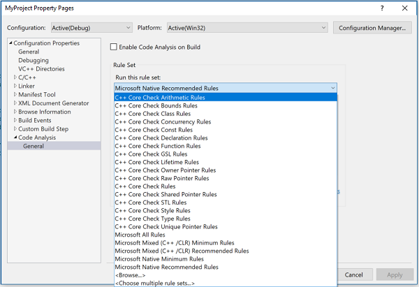 Desplegar para conjuntos de reglas C++ Core Check adicionales.