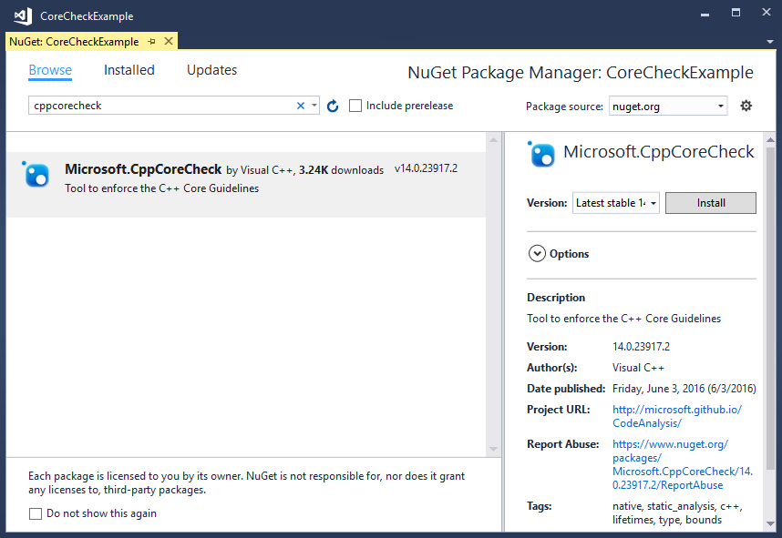 La ventana del administrador de paquetes Nuget muestra el paquete CppCoreCheck.