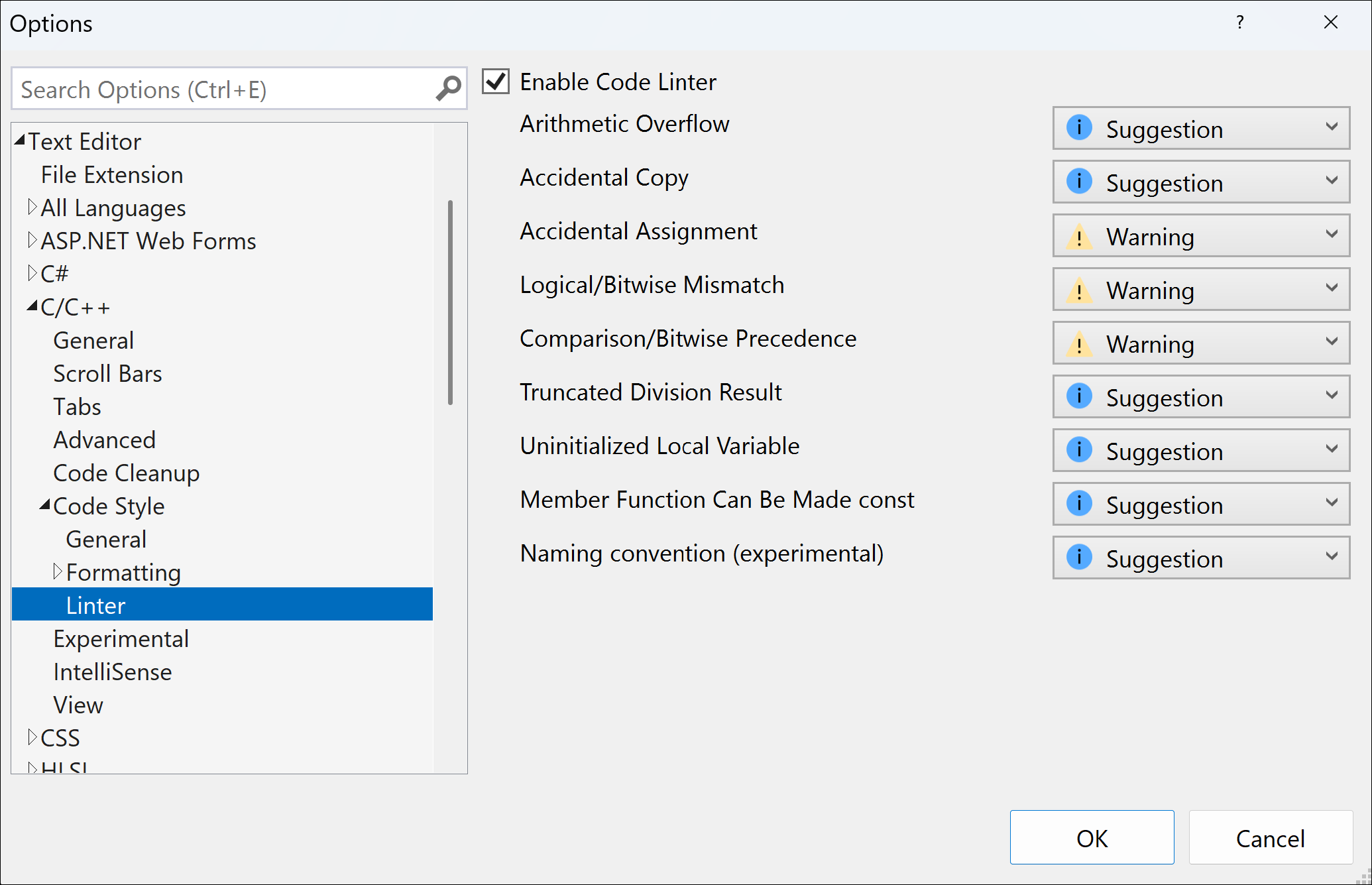 Captura de pantalla de la ventana de configuración de linter con opciones como advertencia en la asignación accidental, variable local sin inicializar, etc.