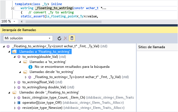 Captura de pantalla de la ventana Jerarquía de llamadas que muestra las llamadas a y desde Floating_to_wstring(). Por ejemplo, to_wstring() llama a Floating_to_wstring().