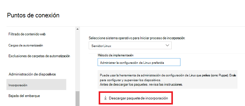 La opción Descargar paquete de incorporación
