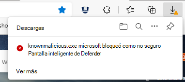 Captura de pantalla que muestra cómo SmartScreen detecta una descarga de archivos con una reputación no segura; la descarga está bloqueada.