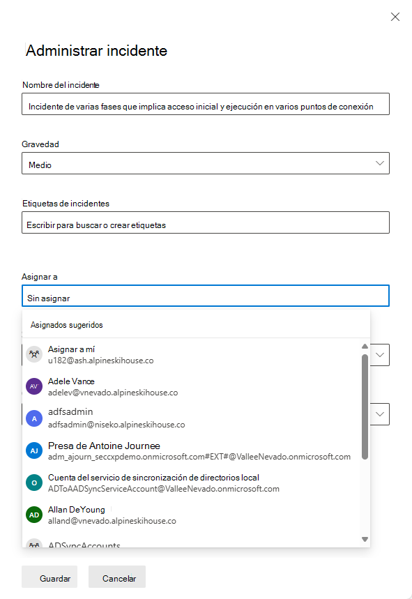 Captura de pantalla que muestra cómo asignar un propietario en el panel Administrar incidente del portal de Microsoft Defender.