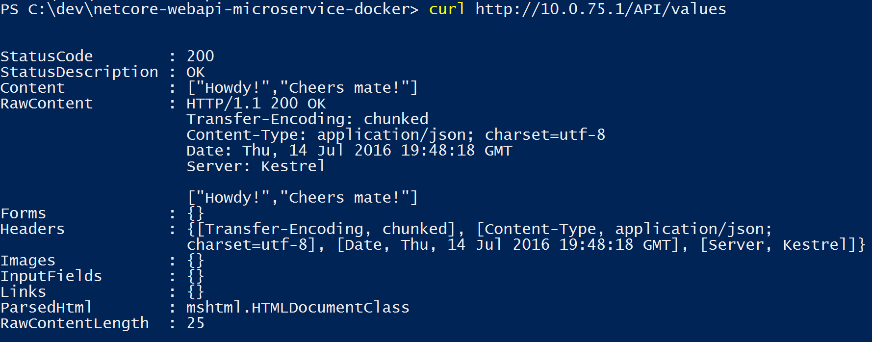 Salida de consola de la obtención de http://10.0.75.1/API/values con CURL.