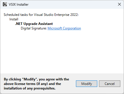 Mensaje para instalar la extensión Asistente para actualización de .NET.