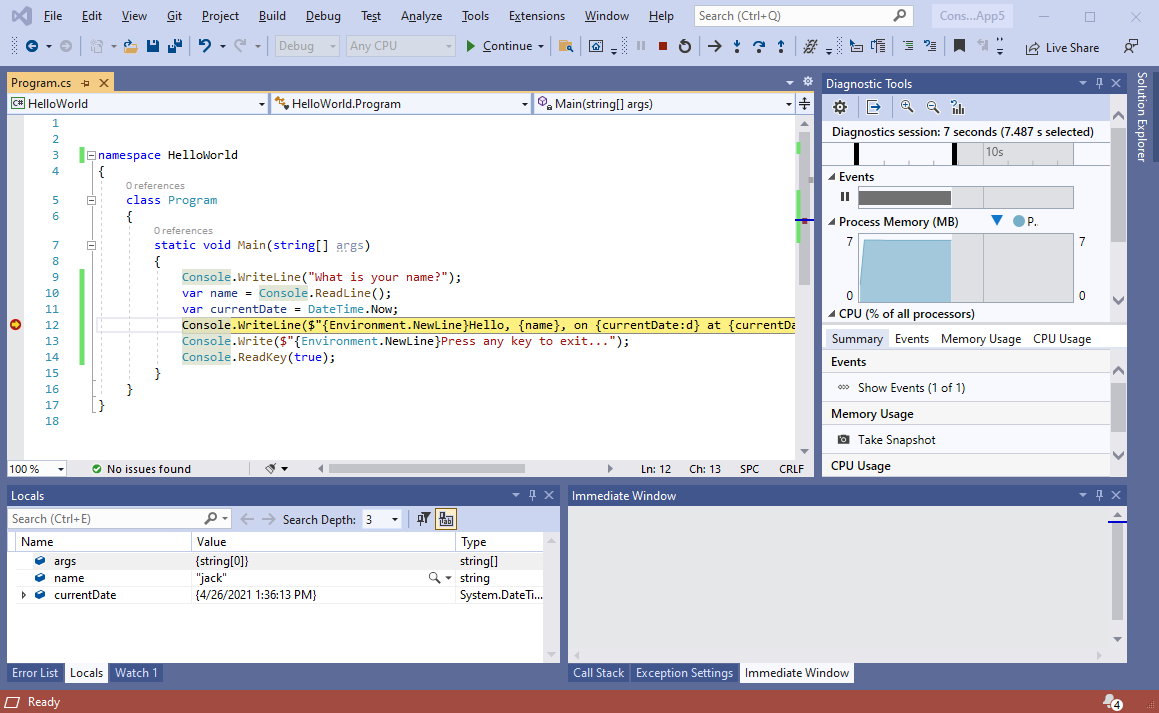 Captura de pantalla de un punto de interrupción en Visual Studio