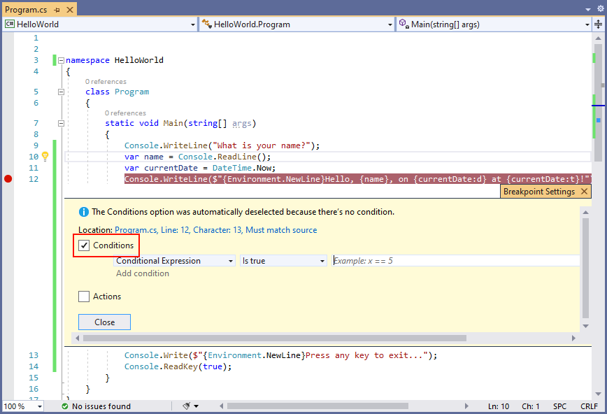 Editor con el panel de configuración de puntos de interrupción: C#