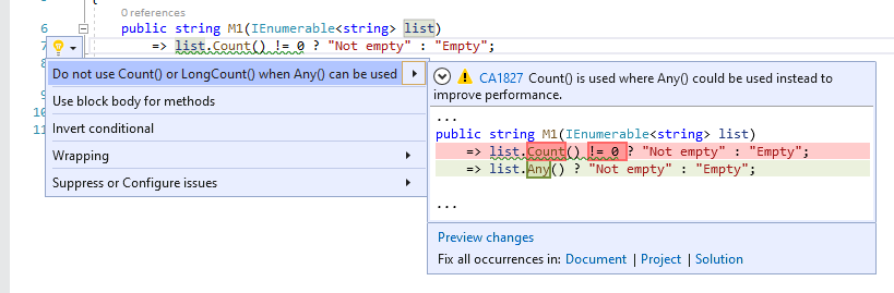 Corrección de código para CA1827: Do not use Count() or LongCount() when Any() can be used (No usar Count() o LongCount() si se puede usar Any())