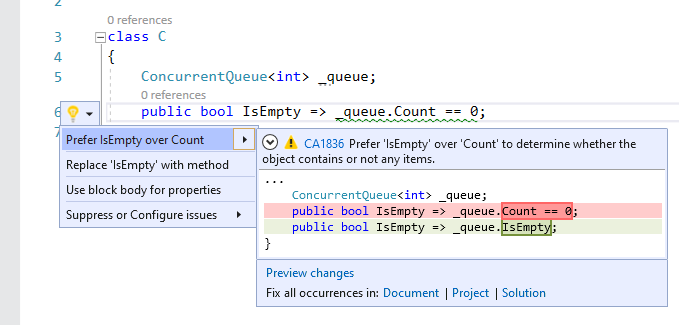 Corrección de código para CA1836: Prefer 'IsEmpty' over 'Count' to determine whether the object contains or not any items (Preferir 