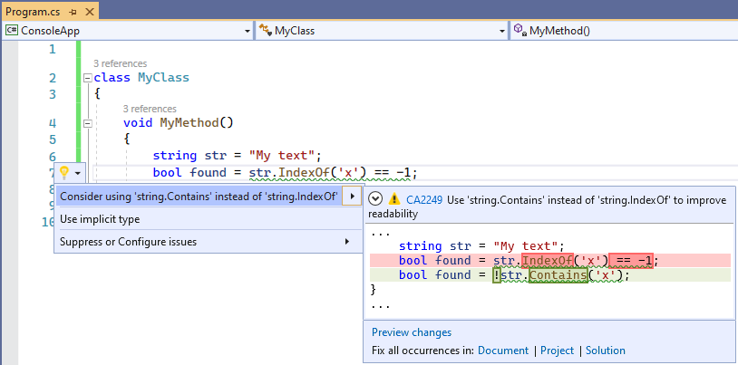 Corrección de código para CA2249: Consider using 'string.Contains' instead of 'string.IndexOf' (Valorar la posibilidad de usar 