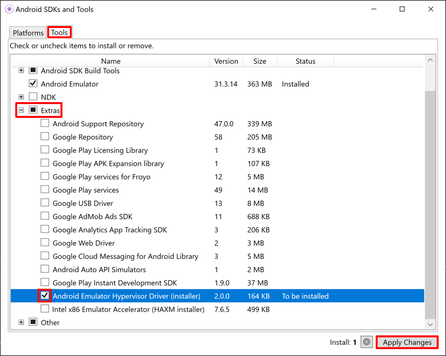 Instalación de AEHD a través del Administrador de Android SDK en Visual Studio.