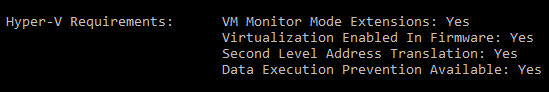 Ejemplo de salida de systeminfo al comprobar la compatibilidad de Hyper-V con .NET MAUI.